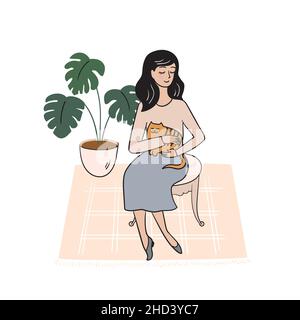 Une femme est assise avec un chat dans une pièce avec des plantes et un tapis.Illustration du vecteur de stock.Concept de confort à la maison. Illustration de Vecteur