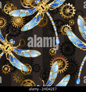 Texture sans couture avec des libellules mécaniques dorées, décorées avec des ailes de verre bleues avec des pignons en or et en laiton sur un backgro rayé, texturé, marron Illustration de Vecteur