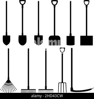 Ensemble d'icônes de pelles, râteaux, fourche, scythe, illustration vectorielle Illustration de Vecteur