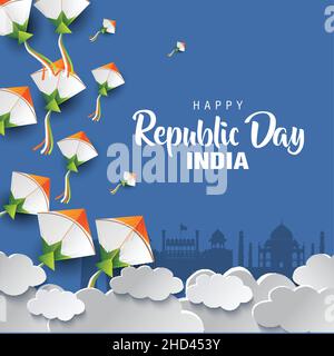 happy republic day inde avec groupe de cerfs-volants colorés volant ciel nuageux. vecteur illustration design. Illustration de Vecteur