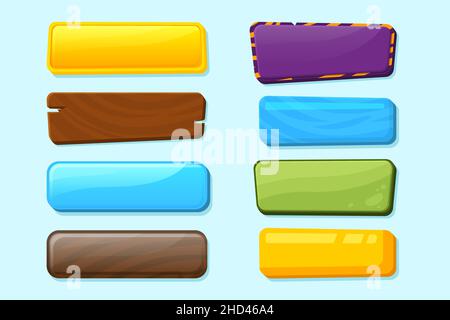 Boutons du panneau de l'interface utilisateur.Bouton de jeu en bois, éléments de conception du menu.Application Web de jeu de dessins animés, barre d'environnement mobile ensemble de vecteurs récents Illustration de Vecteur
