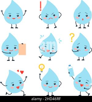 Jolis petits gouttes de dessin animé.Goutte drôle, gouttelettes émotionnelles.Personnages isolés de l'eau, la pensée, la colère et trouver des solutions.Nettoyer les éléments vectoriels corrects bleus Illustration de Vecteur