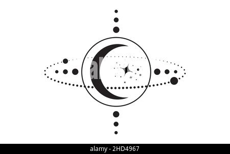 Mystique géométrie sacrée.Lune, étoiles, orbites.Symbole de la déesse de Wicca païen magique de la Lune du croissant.Alchimie, magie, ésotérique, occultisme.Noir vectoriel Illustration de Vecteur