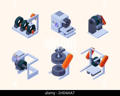 Production de pneus.La production de machines à engrenages automobiles met au point des services de technologie industrielle pour la fabrication de pneus qui présentent des illustrations vectorielles isométriques Illustration de Vecteur