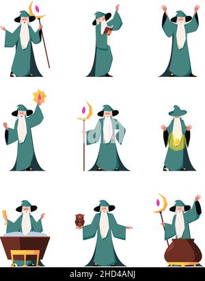 Assistant.Conte de fées vieux magicien faire des sorts fantaisie fabuleux merlin grenier vecteur coloré personne plate dans les poses d'action Illustration de Vecteur