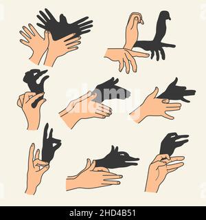 Mains gestes ombre.Les marionnettes anciennes de jeu de mains différentes théâtre d'action animaux portent des oiseaux de lapin symboles vectoriels récents Illustration de Vecteur