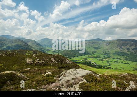 La vue vers l'ouest à travers Borrowdale depuis le sommet de Great Crag, Borrowdale, été, le parc national de Lake District, Cumbria, Angleterre Banque D'Images