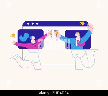 Divers participants discutent et saluent lors de la conférence en ligne.Des amis se réunissent en ligne depuis leur domicile via un appel vidéo.Illustration de vecteur d'art plat Illustration de Vecteur