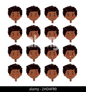 Ensemble d'émotions noires pour les enfants.Expression faciale. Illustration de Vecteur