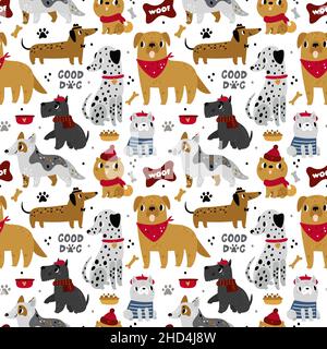 Motif sans couture joli chien.Les chiots de différentes races, les imprimés de pépinière, le dessin drôle de childish, toile de fond avec les animaux de style scandinave.Décor textile Illustration de Vecteur