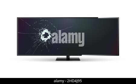 Moniteur cassé avec écran lcd fissuré.Grand écran avec verre fissuré.Illustration vectorielle réaliste Illustration de Vecteur