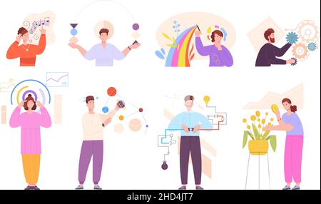 MBTI.Personne psychologie type, personnes créatives état d'esprit différent, résoudre le problème individualité processus mental, comportement humain esprit, dessin animé personnage vecteur illustration.Mentalité psychologique mentale Illustration de Vecteur