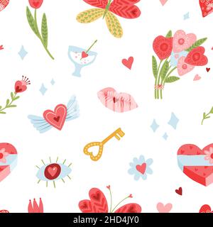 Motifs sans coutures pour l'amour des éléments.Coeurs sueur, baisers et fleurs, signes de gribouillages de couleur, toile de fond de Saint-Valentin, symboles romantiques mignons.Décor textile Illustration de Vecteur