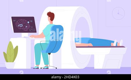 IRM du cerveau.Scanner CT xray mrt scanner de diagnostic, médecin patient d'examen médical sur la technologie de rayons magnétiques, illustration vectorielle.Médical, tomographie de diagnostic par scanner Illustration de Vecteur