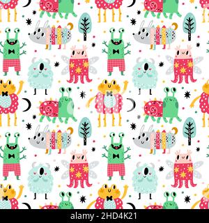 Motif monstres sans coutures.Personnages de dessin animé tendance pour enfants, créatures étranges comiques drôles, extraterrestres mignons colorés répétés sur fond blanc.Décor Illustration de Vecteur