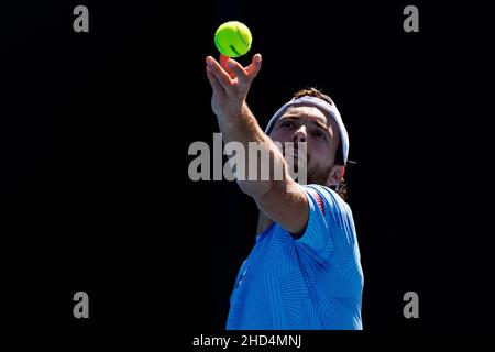 JOAO SOUSA (por) en action lors de la qualification estivale 2022 de Melbourne le lundi 2022 janvier, Melbourne Park Banque D'Images