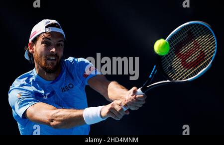 JOAO SOUSA (por) en action lors de la qualification estivale 2022 de Melbourne le lundi 2022 janvier, Melbourne Park Banque D'Images