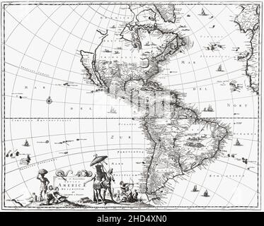 Après une carte de 1671 des Amériques par le cartographe néerlandais Gerard van Schagen.Il montre la Californie comme une île.Son nom complet est Novissima et Accuratissima Totius Americae Descriptio. Banque D'Images