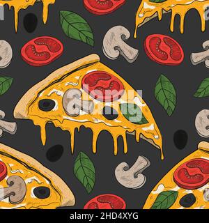 Tranche de pizza à motif sans couture, avec un motif de gravure en croquis.Illustration vectorielle dessinée à la main dans un style vintage Illustration de Vecteur