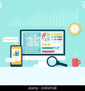 Graphiques et graphiques sur l'écran du moniteur et du téléphone.Comptabilité, concept de l'information financière.Illustration vectorielle de style plat Illustration de Vecteur