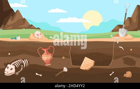 Archéologie couches de sol.OS anciens dans les profondeurs de la terre, zone d'excavation, fossiles et squelettes, vieux vases et crâne anciens, objets culturels Illustration de Vecteur