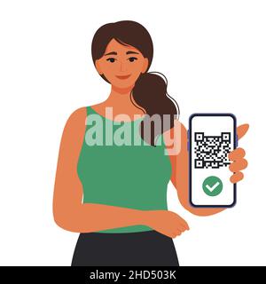 Femme affichant un code qr sur un smartphone.Passeport de vaccination, certificat numérique.Illustration vectorielle de style plat Illustration de Vecteur