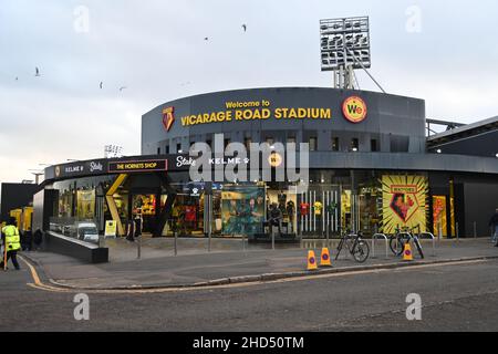 Stade Watford FC Vicarage Road à Watford, en Angleterre, où se trouve le club de la Premier League. Banque D'Images