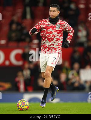 Cristiano Ronaldo de Manchester United s'échauffe avant le match de la Premier League à Old Trafford, Manchester.Date de la photo: Lundi 3 janvier 2022. Banque D'Images