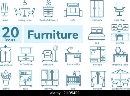 Ensemble d'icônes de mobilier.Conception simple et fine. Illustration de Vecteur