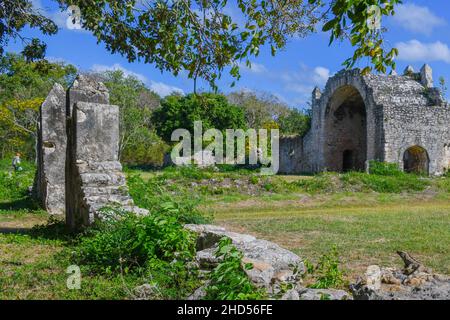 Ruines de la chapelle coloniale ouverte du 16th siècle, sur le site archéologique maya de Dzibilchaltún, Yucatan, Mexique Banque D'Images