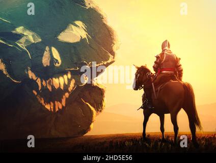 Chevalier sur le cheval devant le grand rocher avec le symbole de la mort.Cavalier mystique au coucher du soleil.Peinture numérique et illustration photo. Banque D'Images