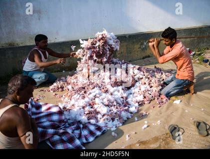 Les artisans traditionnels du coton travaillant dans une usine de coton faisant des couvertures pour la saison d'hiver.Agartala, Tripura, Inde. Banque D'Images