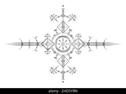 Magic Ancient viking art déco, blanc Vegvisir navigation boussole antique.Les Vikings ont utilisé de nombreux symboles conformément à la mythologie de Norse, signe de logo Illustration de Vecteur