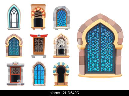 Fenêtres intérieures de dessin animé du château, du temple et de la forteresse.Extérieur du palais vectoriel, fenêtres européennes, asiatiques et arabes.Architecture médiévale ou un Illustration de Vecteur