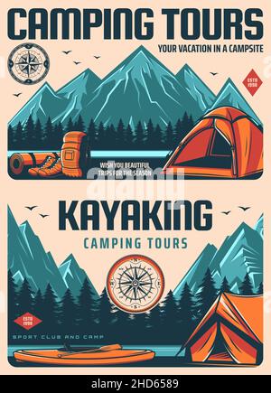 Affiches rétro de sport de voyage et de kayak.Camping et randonnées, bannières de camping avec les sommets de la chaîne de montagnes, forêt de pins et rivière.Équipement de camping Illustration de Vecteur