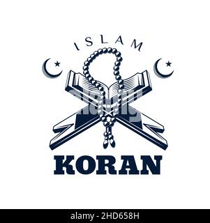Coran livre icône vecteur isolé, religion musulmane.Le livre Saint Coran et les perles de prière de l'Islam sur le symbole du repos en bois de Rhal avec le croissant de lune et les étoiles musulmans Illustration de Vecteur