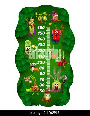 Tableau de hauteur pour enfants, appareil de mesure de croissance de légumes de dessin animé, vecteur.Mesurez la règle graduée ou la règle de hauteur du bébé avec le poivre et la tomate, la pomme de terre, le pois, l'oignon et le c. Illustration de Vecteur