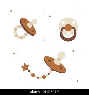 Sucettes pour bébé boho.Éléments scandinaves dessinés à la main pour nouveau-né isolés sur fond blanc.Illustration vectorielle de style dessin animé plat Illustration de Vecteur