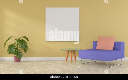 Chambre moderne et puristique avec chaise de détente violette et mur jaune, couleur du concept de l'an 2022 Banque D'Images