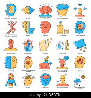 Icône troubles mentaux en ligne colorée.Collection de symboles de problèmes psychologiques.Illustration vectorielle. Illustration de Vecteur