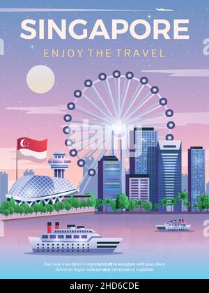 Affiche de voyage de Singapour avec drapeau national et gratte-ciel de la ville à illustration du vecteur plat de marina bay Illustration de Vecteur