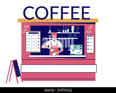 Café de rue avec un barista qui prépare un café, illustration vectorielle.Street café petite entreprise. Illustration de Vecteur