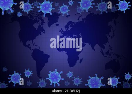Pandémie Covid-19.Carte du monde, cellules du virus corona luminescentes, illustration vectorielle.Épidémie mondiale de coronavirus. Illustration de Vecteur