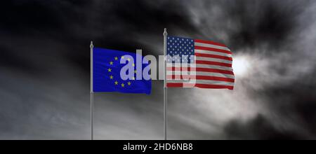 Drapeaux des Etats-Unis et de l'Union européenne, Alliance. Fond ciel. Banque D'Images