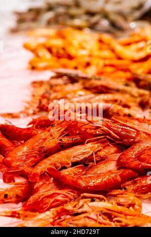 Photo verticale de crevettes fraîches en exposition dans un magasin de fruits de mer avec un fond flou Banque D'Images