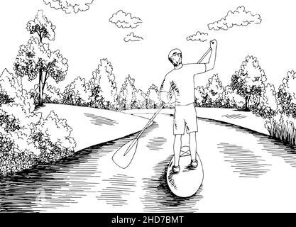 Panneau SUP graphique de voyage noir blanc rivière paysage dessin vecteur d'illustration Illustration de Vecteur