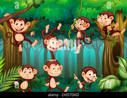 Beaucoup de singes personnage de dessin animé jouant dans l'illustration de la jungle Illustration de Vecteur