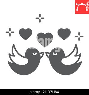 Icône de glyphe d'oiseaux d'amour, Saint Valentin et coeur, icône de vecteur d'oiseaux amoureux, graphiques de vecteur, signe solide de trait modifiable, eps 10. Illustration de Vecteur