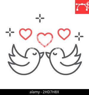 Icône de la ligne d'oiseaux d'amour, jour de Saint Valentin et coeur, icône de vecteur d'oiseaux amoureux, graphiques de vecteur, signe de contour de trait modifiable, eps 10. Illustration de Vecteur