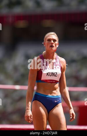 Annie Kunz participant au saut en hauteur de l'heptathlon aux Jeux Olympiques de Tokyo en 2020. Banque D'Images